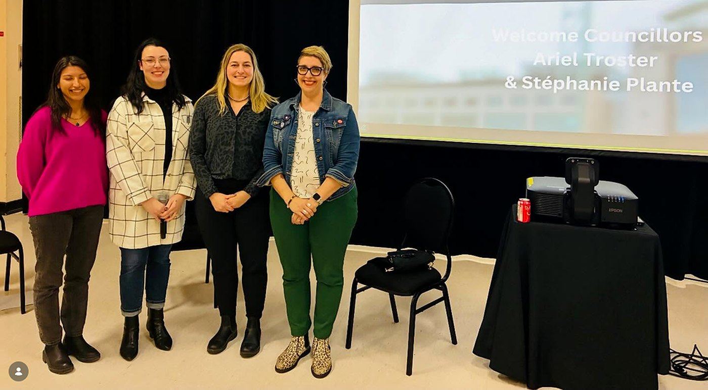 Victoria Williston with Synapcity board chair Riyaz Basi and Councillors Stephanie Plante and Ariel Troster after hosting an Inside Council Conversations panel