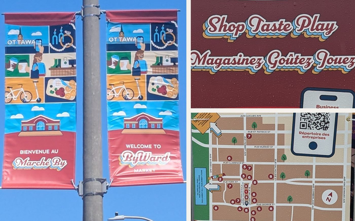Three pieces of the ByWard Market brand system: bilingual street banners on a lamp post, the Shop Taste Play wayfinding headline, and the district map with numbered pins