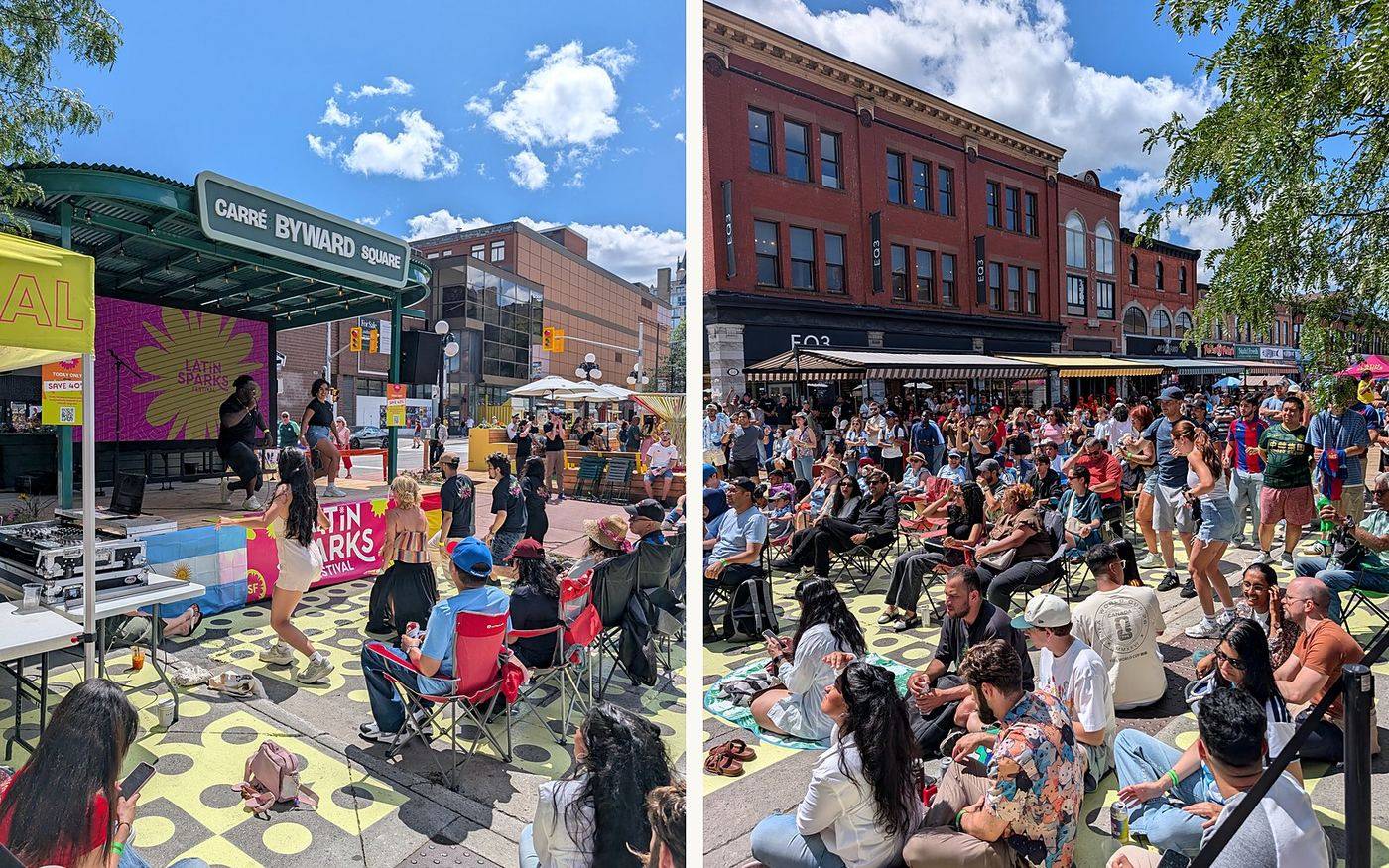 Carré ByWard Square on a festival afternoon: a performer on the small stage and a crowd seated across the painted square